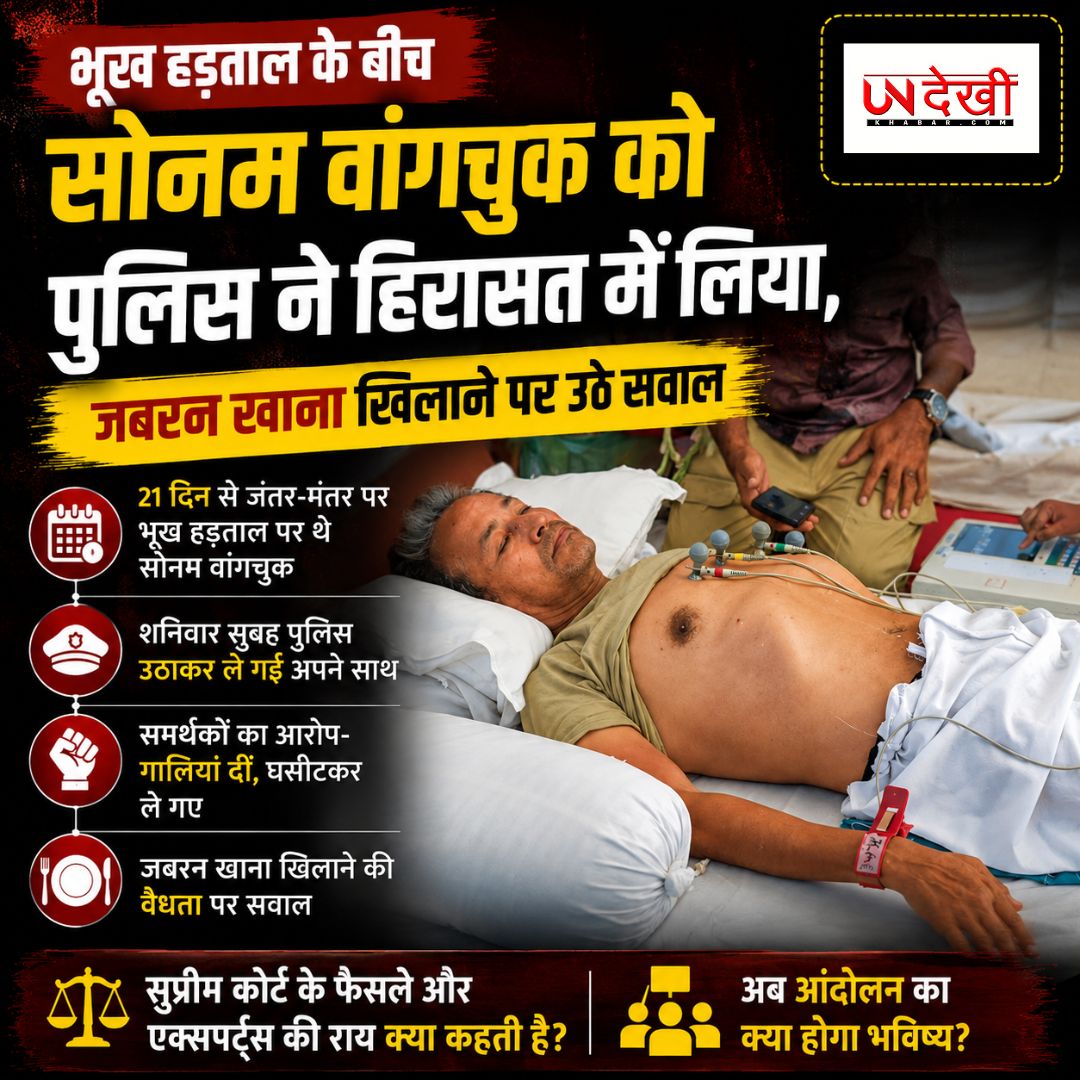 भूख हड़ताल के बीच सोनम वांगचुक को पुलिस ने हिरासत में लिया, जबरन खाना खिलाने पर उठे सवाल