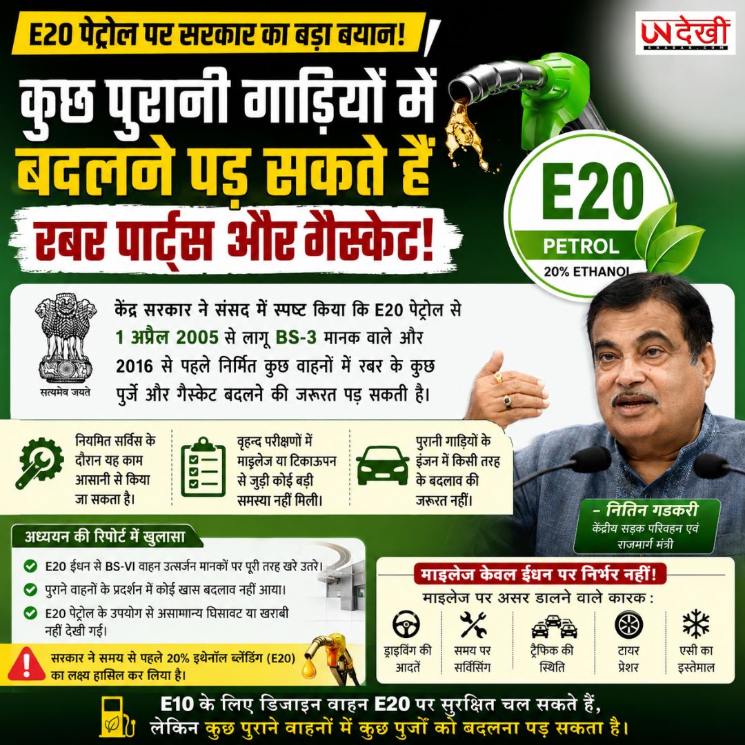 E20 पेट्रोल पर सरकार का बड़ा अपडेट: 2016 से पहले की गाड़ियों में बदलने पड़ सकते हैं रबर पार्ट्स