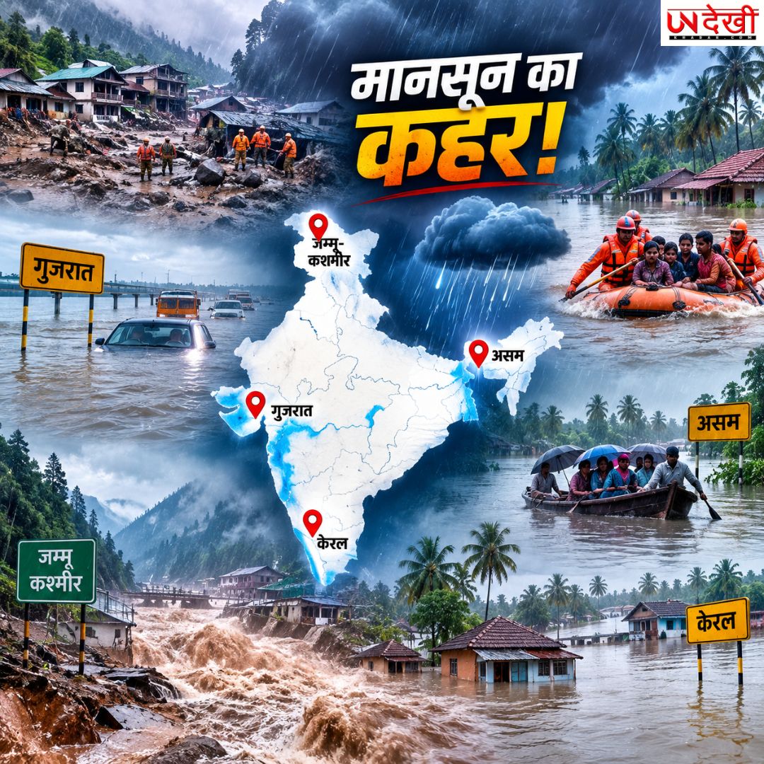 देशभर में मानसून का कहर! असम से गुजरात और केरल तक बाढ़, जम्मू-कश्मीर में बादल फटने से मची तबाही