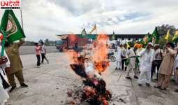 किसान यूनियनों का लाधोवाल टोल प्लाजा पर प्रदर्शन, मोदी और अमित शाह के पुतले फूंके