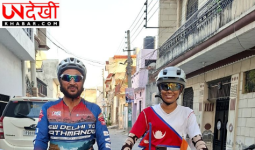 विश्व शांति का संदेश लेकर साइकिल यात्रा पर निकली नेपाली महिला का होशियारपुर में स्वागत